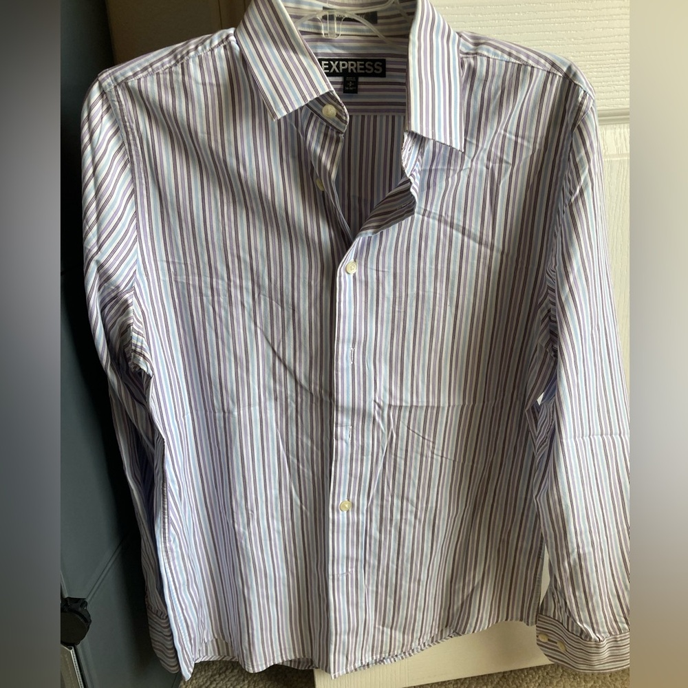 Express Men's Striped Button Down Shirt - Blue ,Purple and White